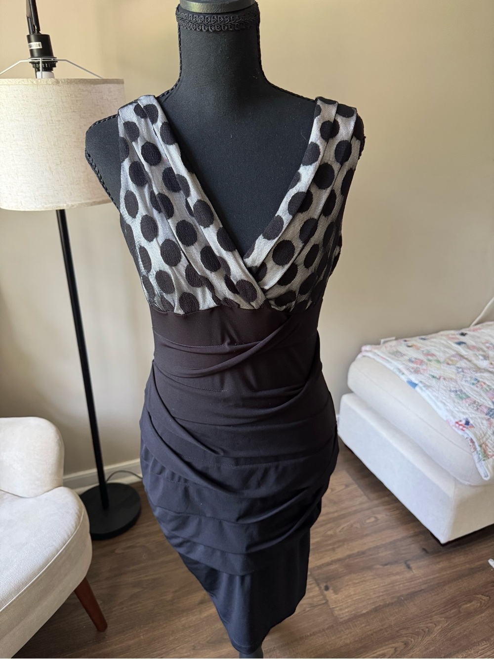 Black Polka Dot V-Neck Midi Dress